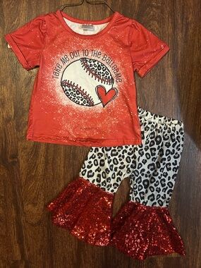 Girls Red Baseball Graphic Pajama Set with Leopard Print and Sequin Ruffles